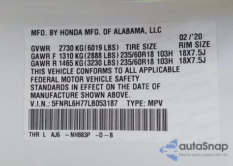 2020 Honda Odyssey Ex-L/Ex-L W/Navi Res z USA, uszkodzony, nr VIN 5FNRL6H77LB053187